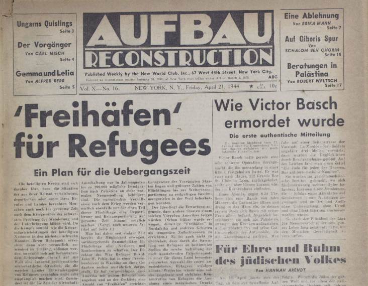 Front page of Aufbau (Reconstruction), German-Jewish exile weekly, New York, 21 April 1944