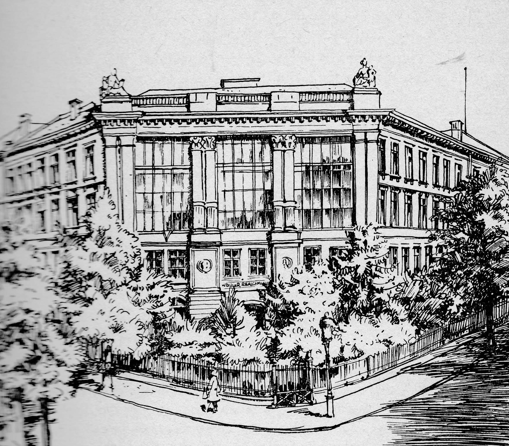 Pen-and-ink drawing of the Wöhler-Realgymnasium in Frankfurt am Main