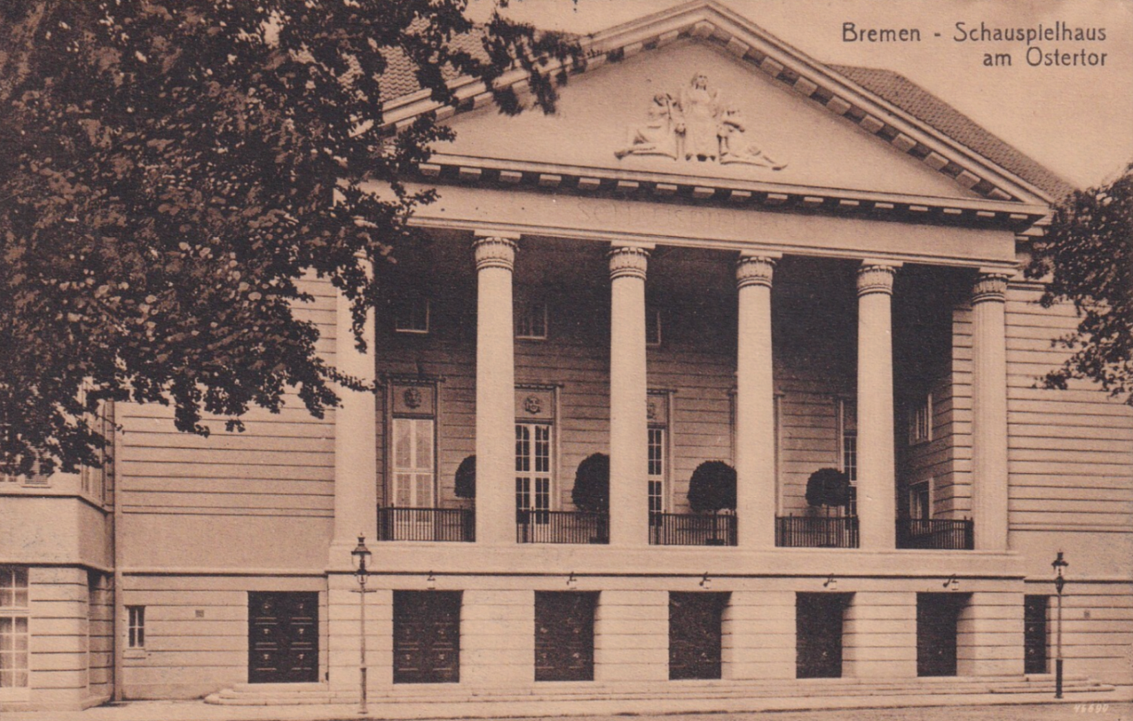 Sepia postcard of the Schauspielhaus am Ostertor in Bremen, a neoclassical theatre with columned portico